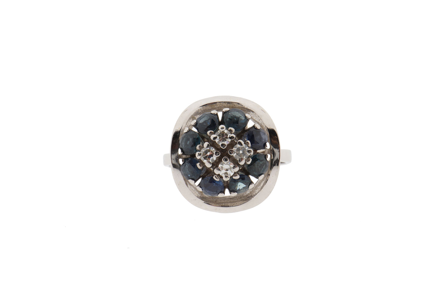 14 karaat witgouden dames ring met diamanten en saffier