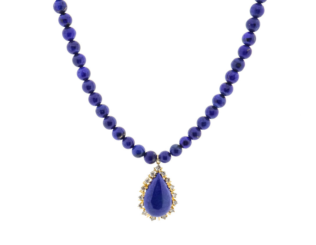 Diamanten Lapis Lazuli Kralen Ketting | 14 Karaat Goud