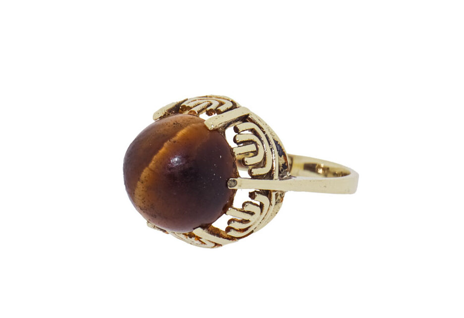 Vintage 14 Karaat Gouden Ring Met Tijgeroog