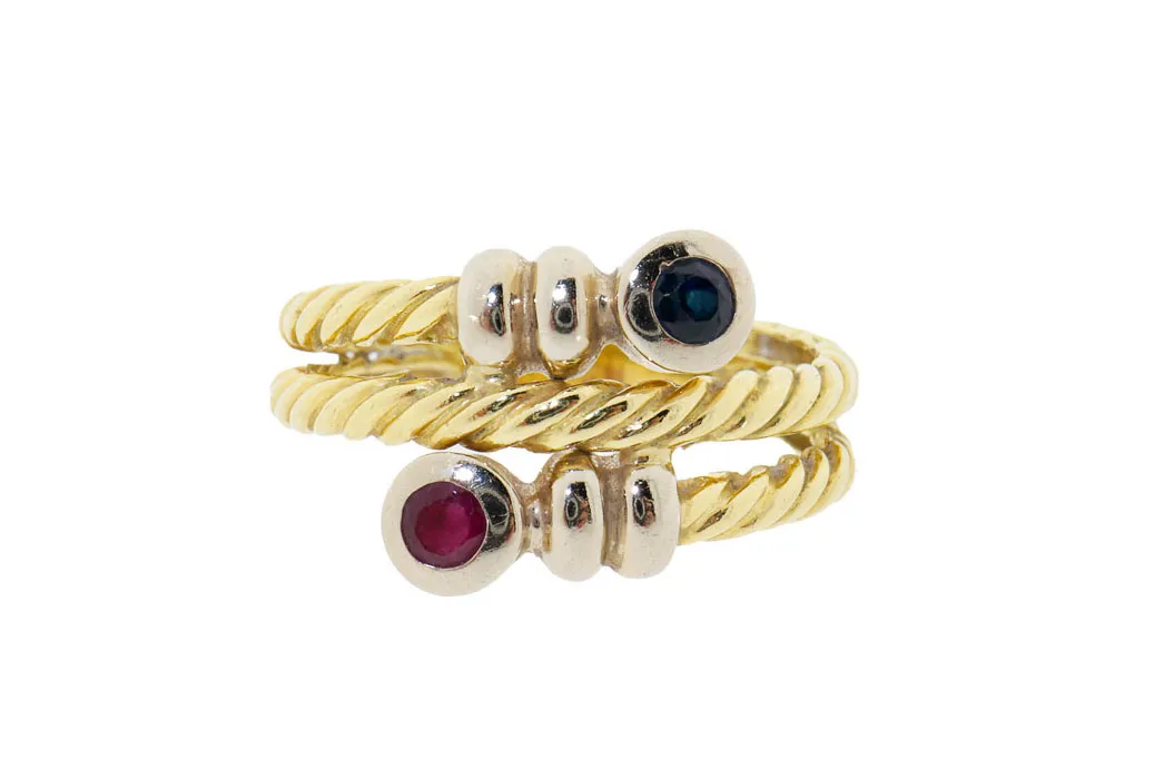 18 Karaat Vintage Gouden Ring Met Robijn En Saffier 