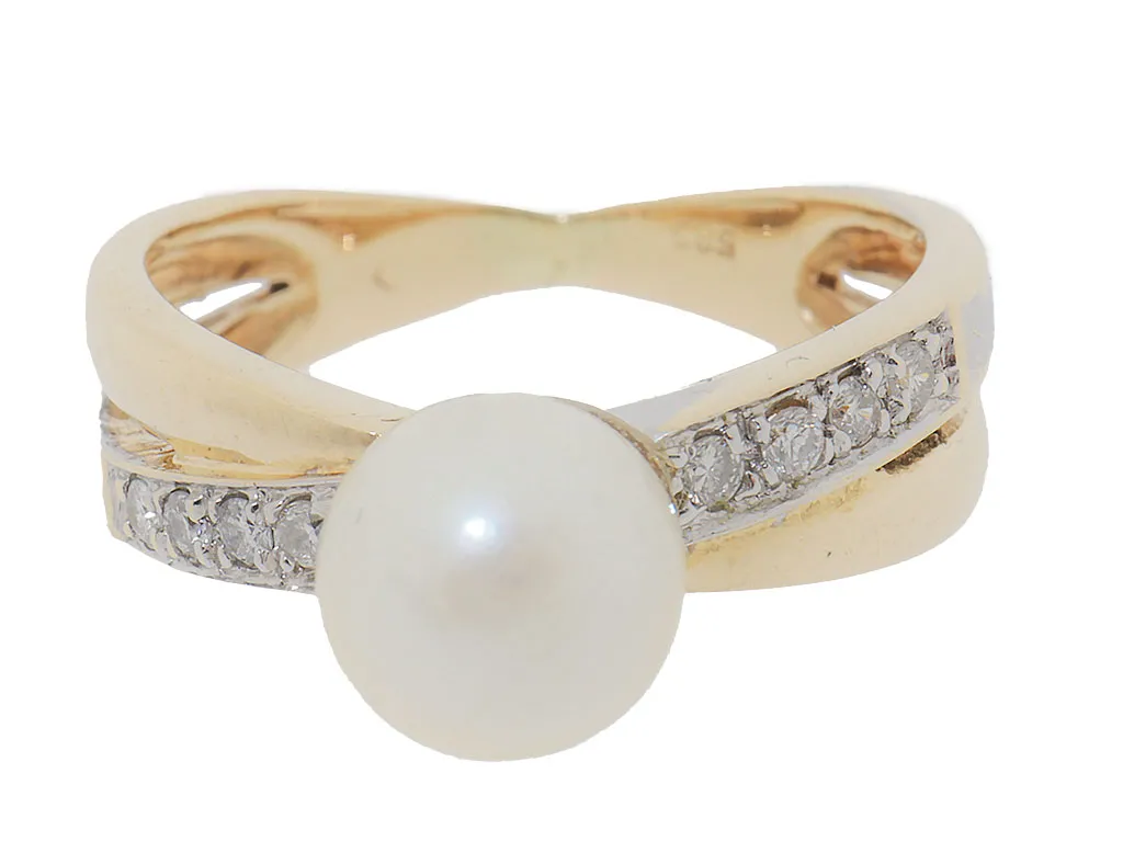 14 Karaat Gouden Gekruiste Parelring Met Diamanten 