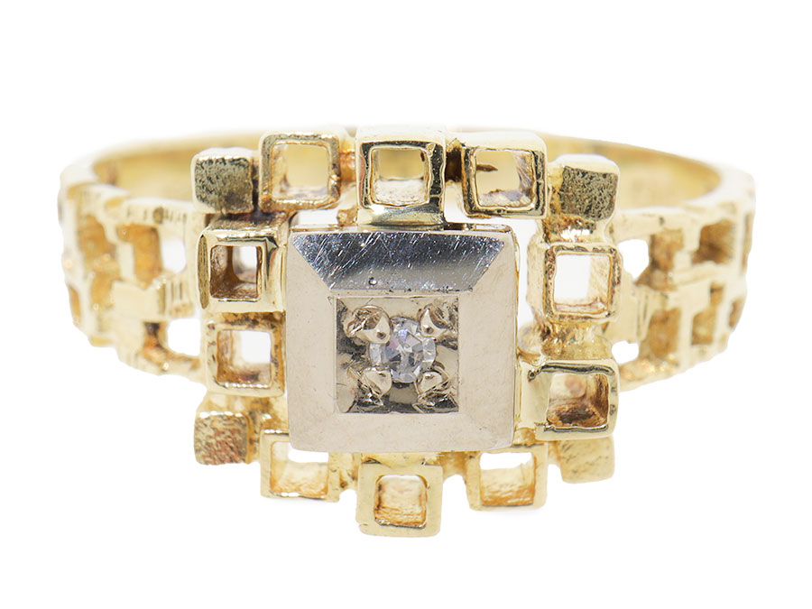 14 Karaat Unieke Gouden Blokjes Ring Met Diamant 
