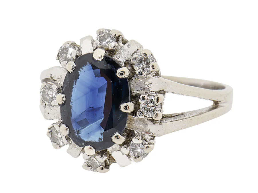 14 Karaat Gouden Ring Met Saffier En Diamanten | Witgoud 