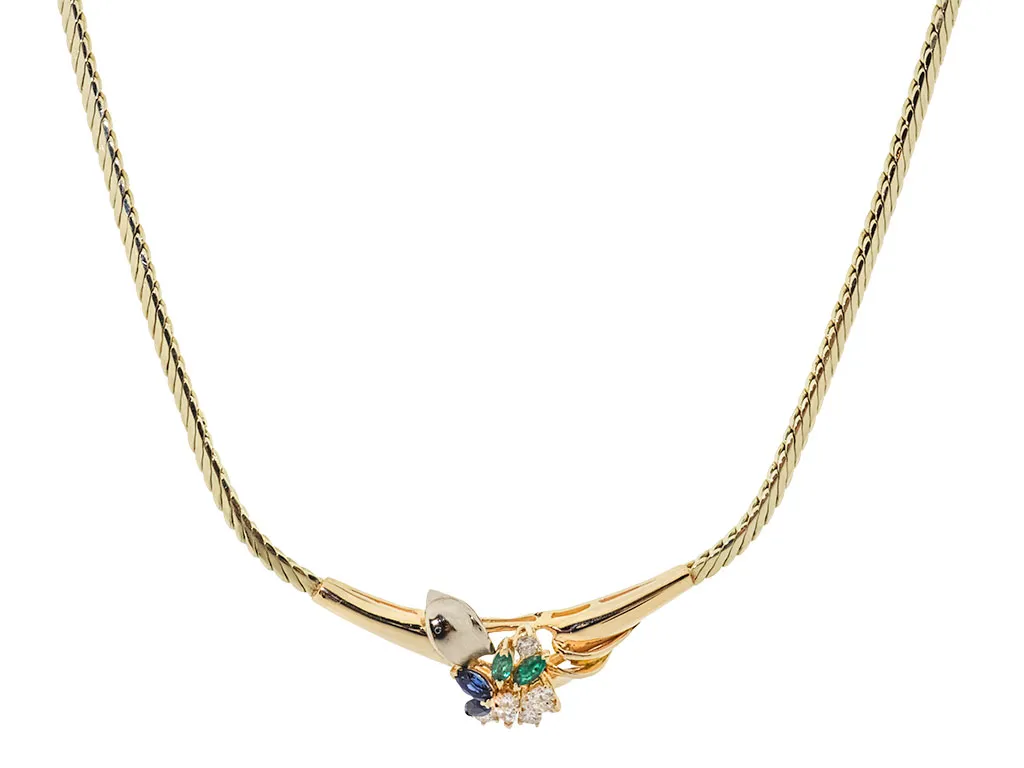 Exclusief 18 Karaat Gouden Collier Met Diamant, Smaragd en Saffier 