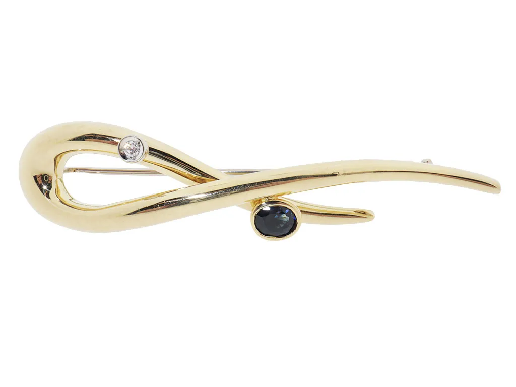 14 Karaat Gouden Krul Broche Met Diamant en Saffier 