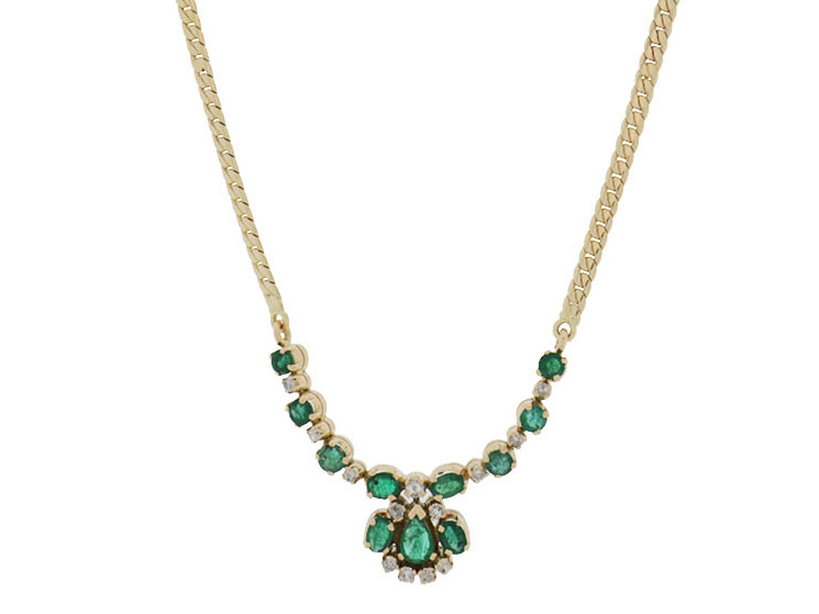 14 Karaat Gouden Ketting Met Vaste Smaragd & Diamant Hanger 