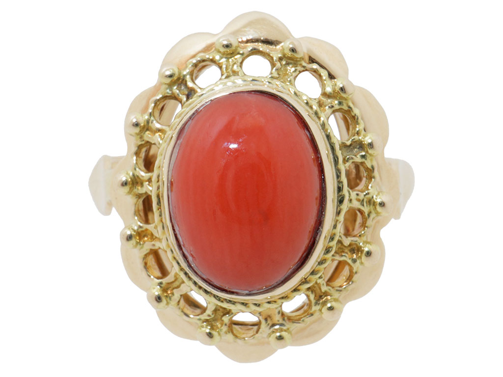 Vintage 14 Karaat Gouden Sierlijke Ring Met Bloedkoraal 