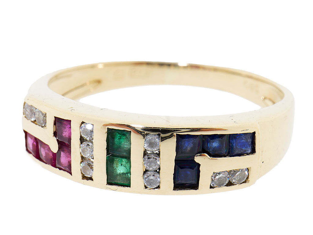 14 Karaat Gouden Ring met Robijn, Saffier & Smaragd – Uniek Edelstenen Design