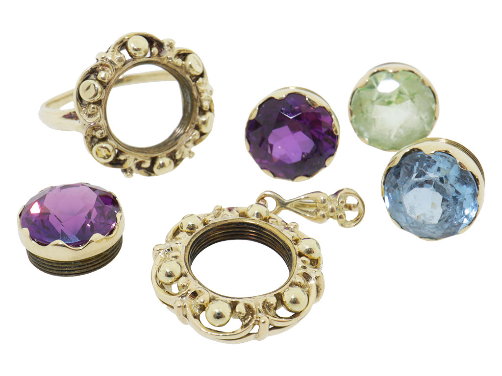 14 Karaat Gouden Vintage Set Ring & Hanger – Verwisselbare Edelstenen