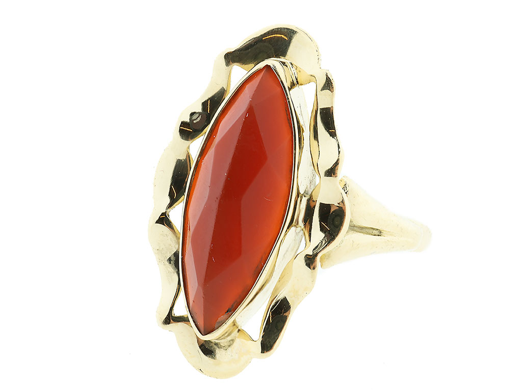 Vintage 14 Karaat Gouden Ring Met Marquise Carneool 
