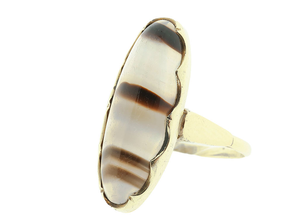 14 Karaat Vintage Gouden Ring Met Streep Agaat 