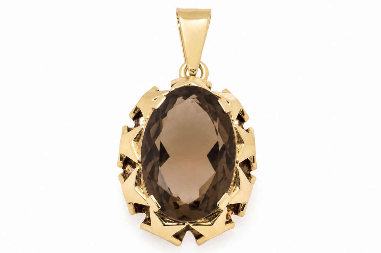Vintage 14 karaat Gouden Hanger Met Facet Geslepen Rookkwarts