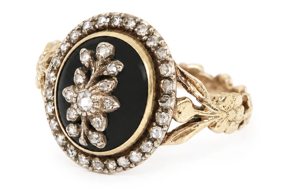 14 Karaat Antieke Gouden Diamanten Ring Met Groene Steen 
