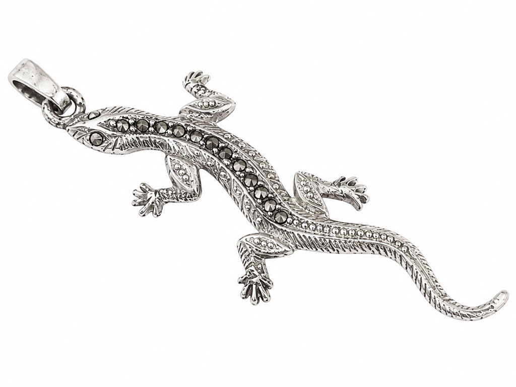 925 Zilveren Salamander Hanger met Markasiet | Vintage Bedel