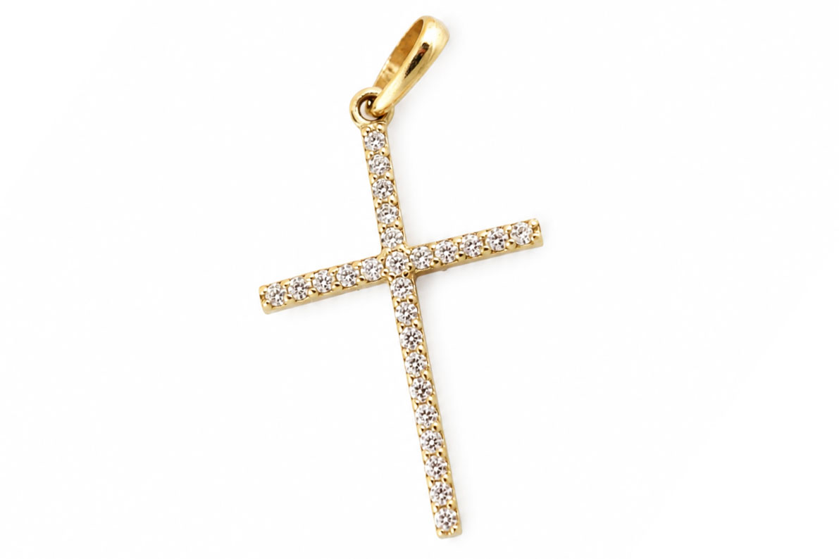 14 Karaat Gouden Kruis Hanger met Zirkonia | Vintage Kruisje