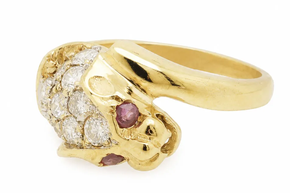 18 Karaat Gouden Panter Ring Met Diamanten En Robijn