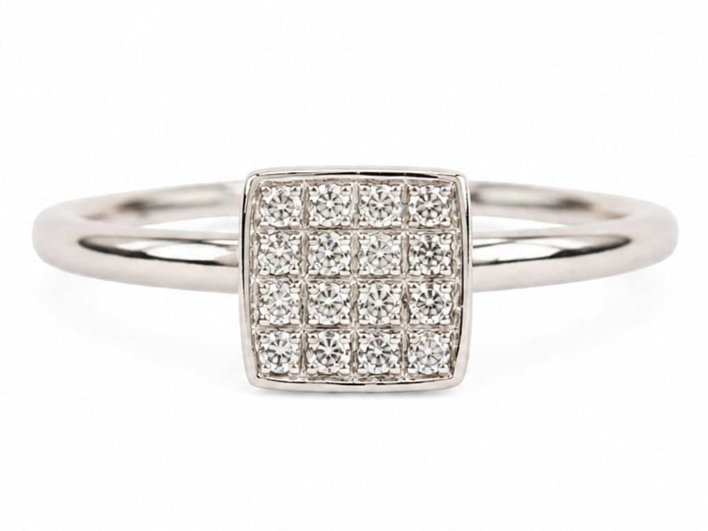 18 Karaat Witgouden Designring met Vierkante Pavé Diamanten