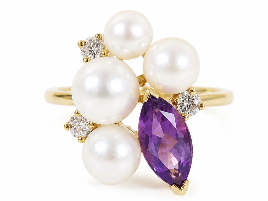 18 Karaat Gouden Parelring Met Amethist en Diamanten 