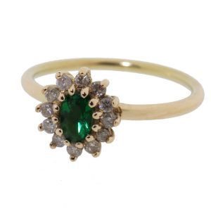 14K gouden cluster ring met diamanten en smaragd