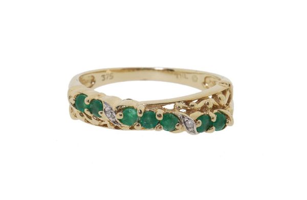 Vintage 9K gouden ring met smaragd en diamant
